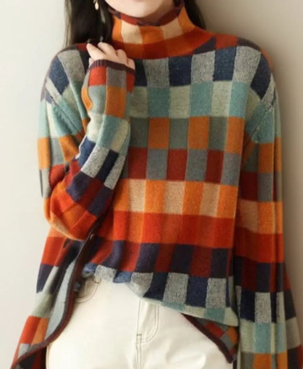 Suéter de punto multicolor a cuadros con cuello alto para mujer