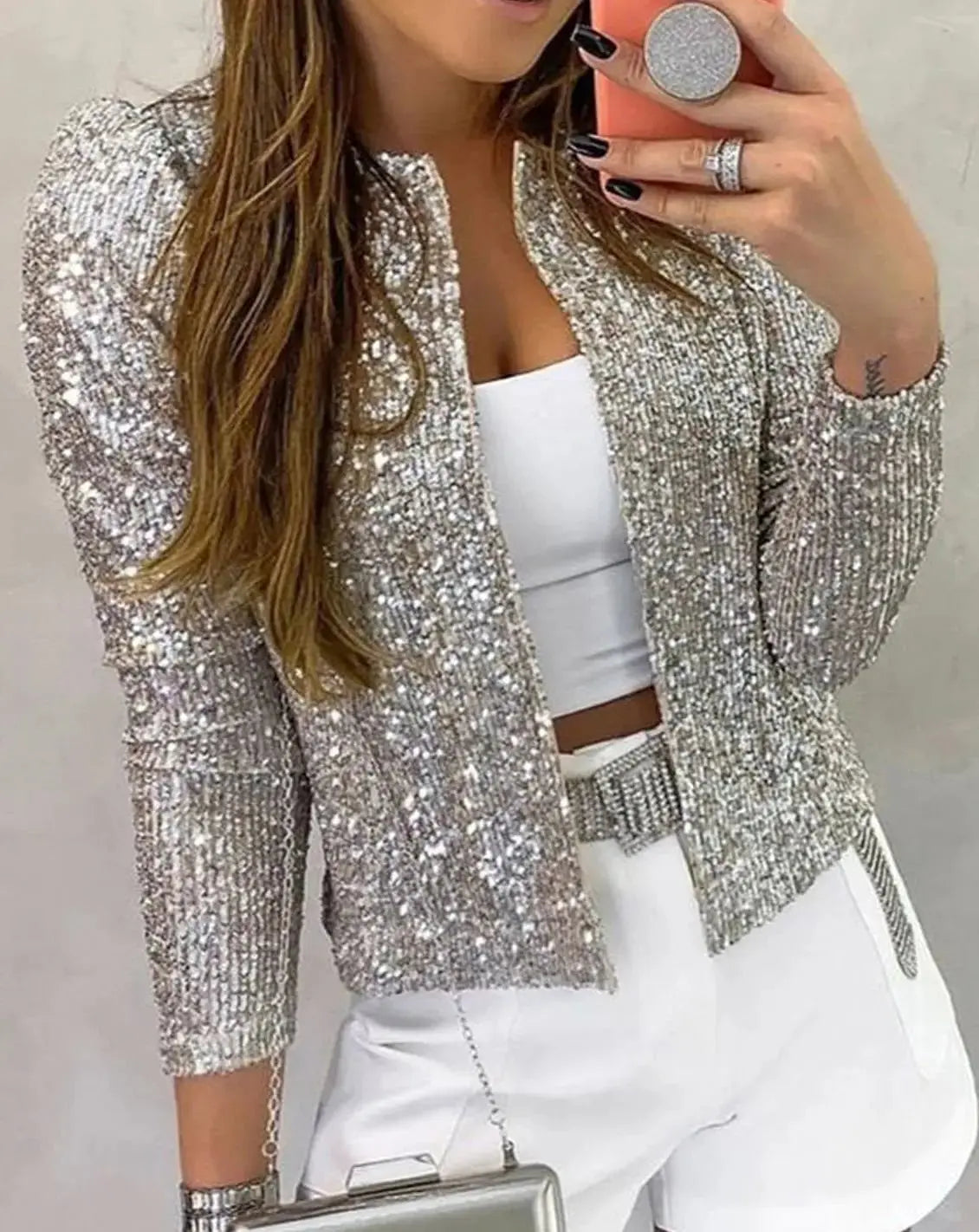 Chaqueta de fiesta con lentejuelas brillantes y frente abierto para mujer
