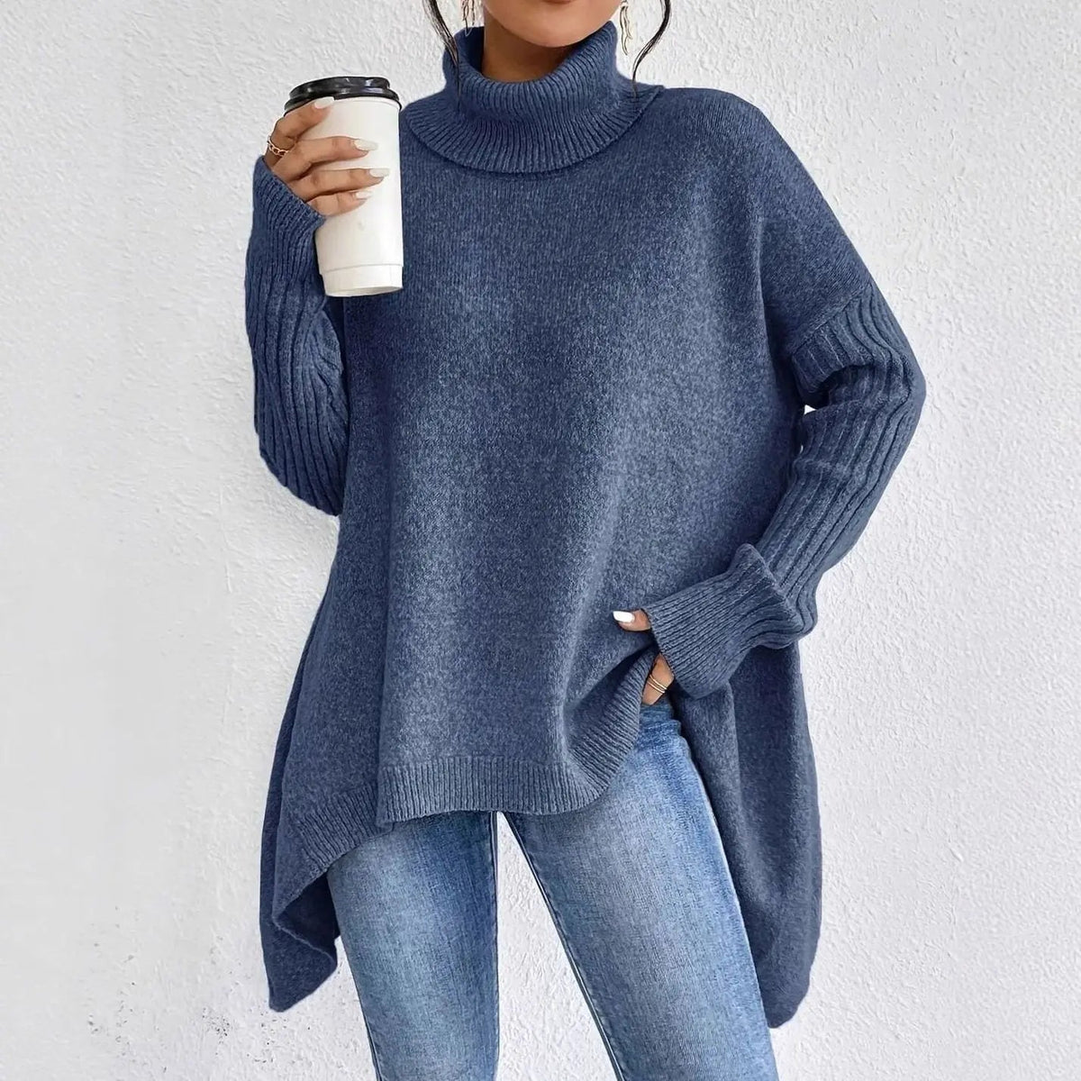 Jersey largo extragrande de cachemira con cuello alto y tejido de punto para mujer