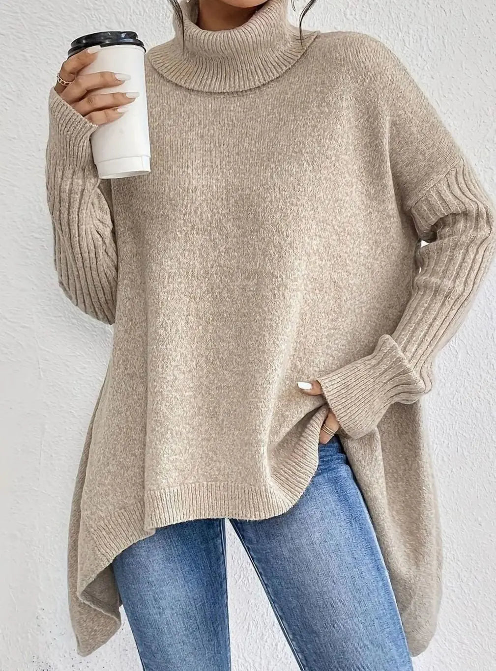 Jersey largo extragrande de cachemira con cuello alto y tejido de punto para mujer