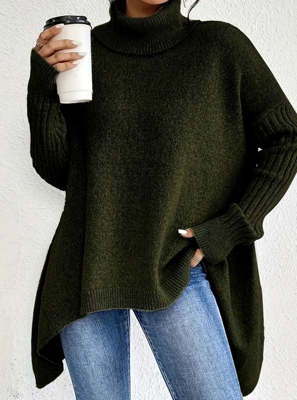 Jersey largo extragrande de cachemira con cuello alto y tejido de punto para mujer