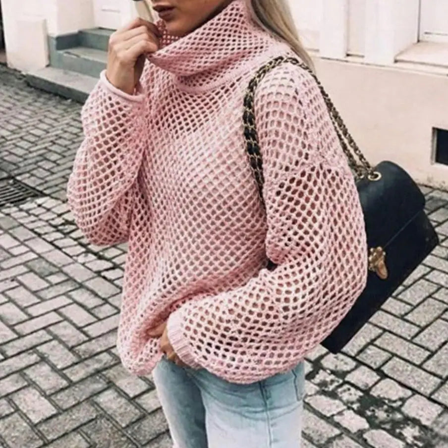 Jersey extragrande de punto grueso con cuello alto y mangas abullonadas para mujer