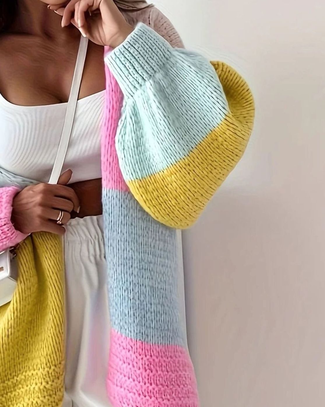 Cárdigan de punto extragrande con bloques de color y botones frontales para mujer, rosa