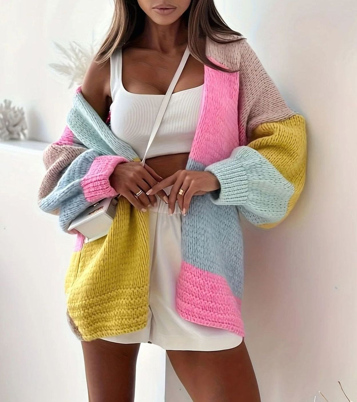 Cárdigan de punto extragrande con bloques de color y botones frontales para mujer, rosa