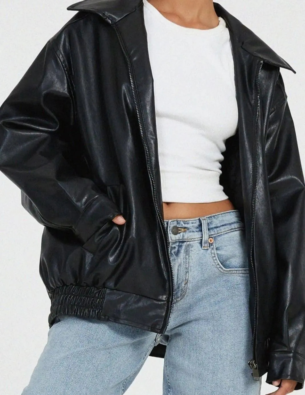 Chaqueta bomber extragrande de cuero sintético con cremallera para mujer