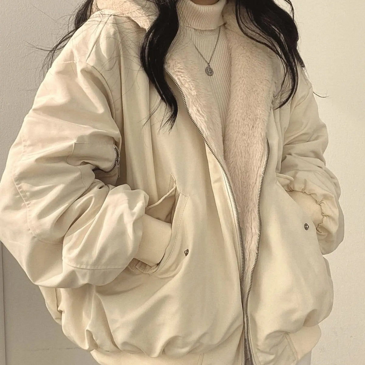 Chaqueta de invierno extragrande de forro polar con cremallera para mujer