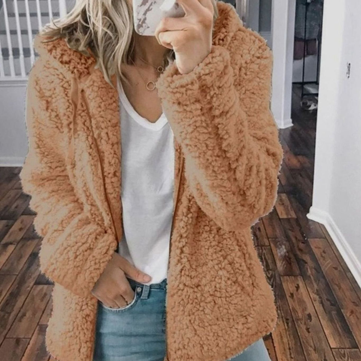 Abrigo extragrande con capucha de forro polar de peluche para mujer, beige
