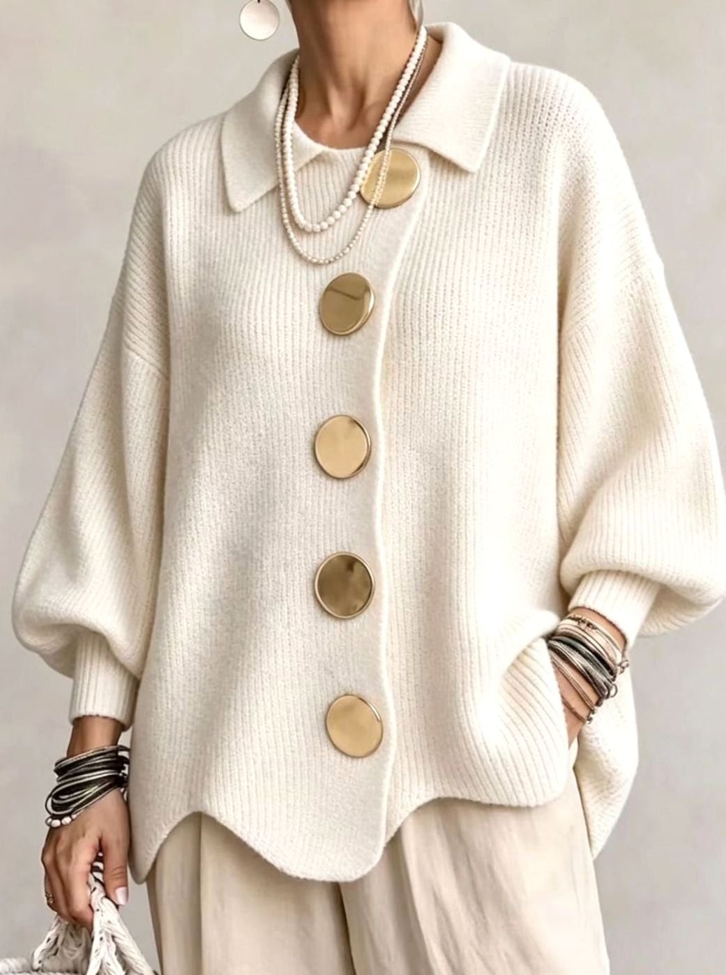 Cárdigan de punto extragrande para mujer con botones dorados y mangas de farol