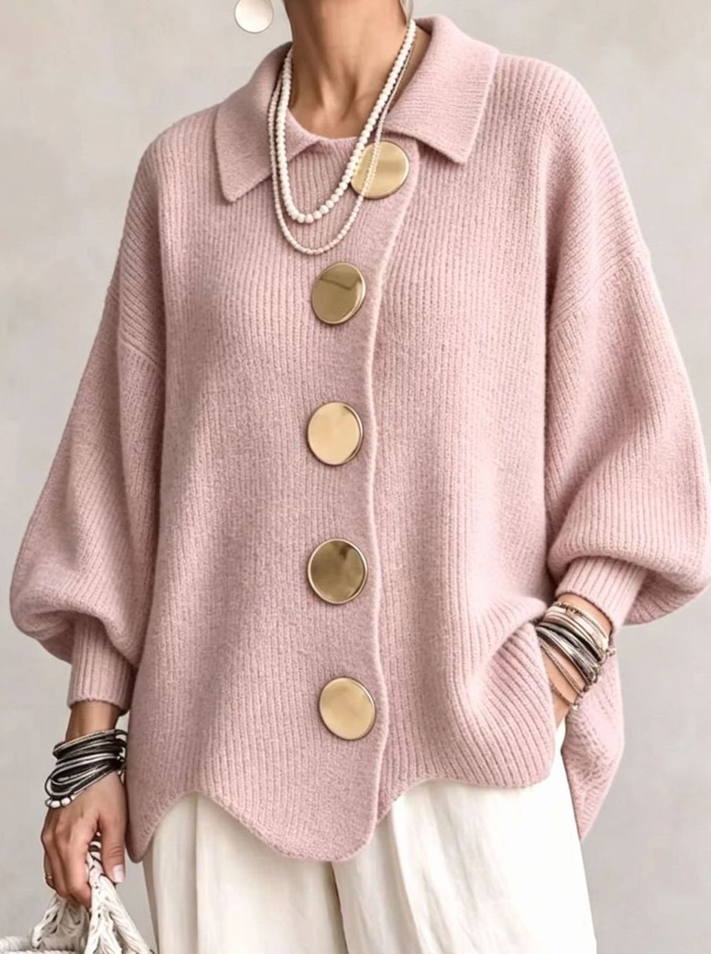 Cárdigan de punto extragrande para mujer con botones dorados y mangas de farol