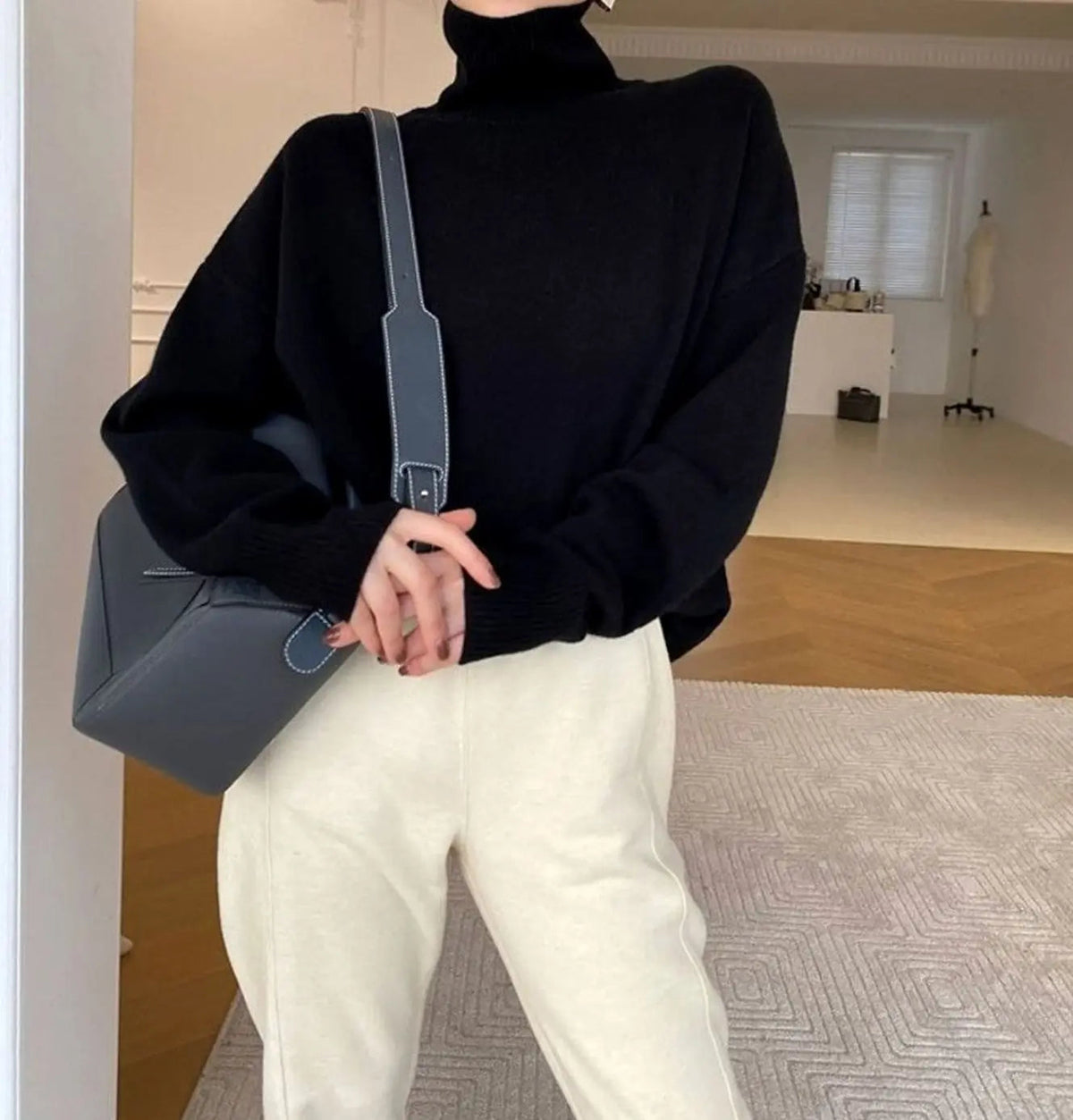 Suéter de punto extragrande de manga larga para mujer, cuello alto