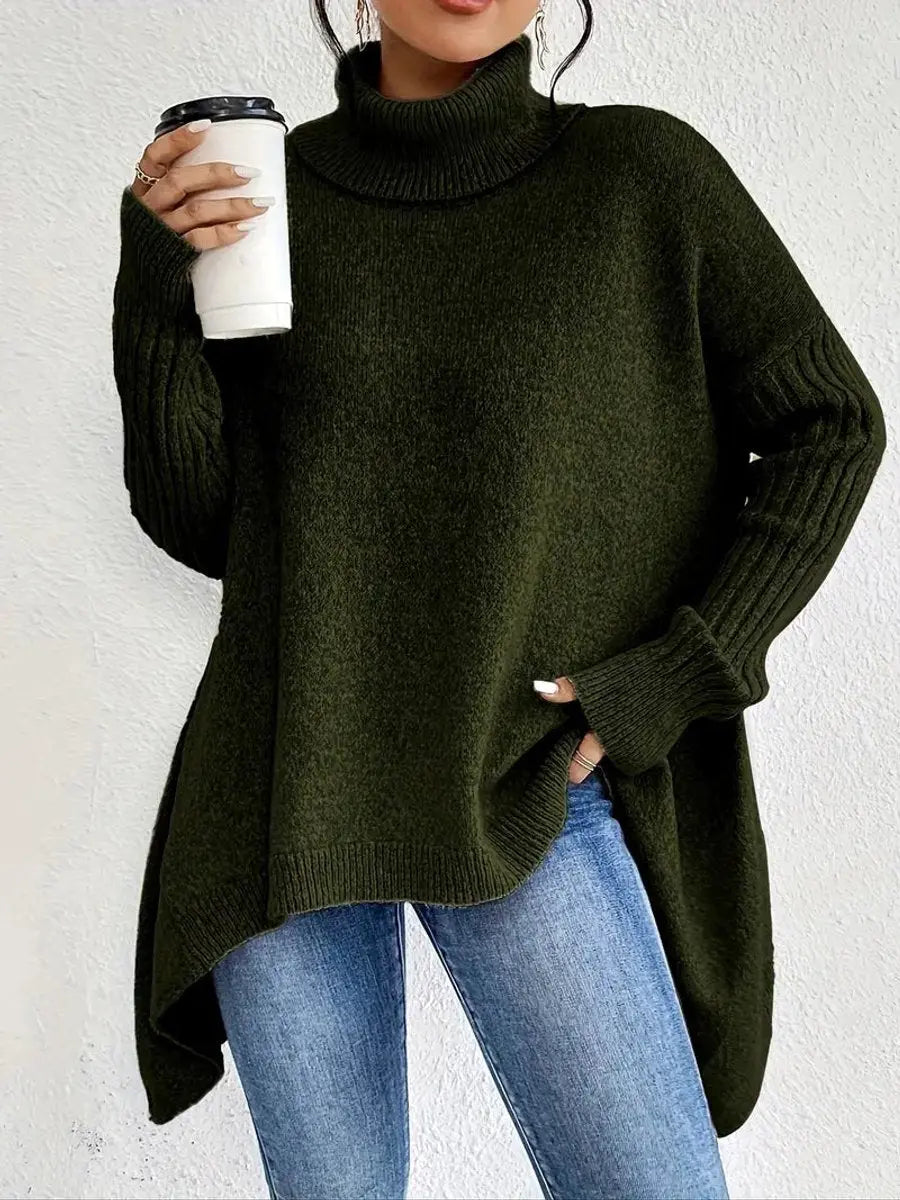 Suéter largo extragrande de punto de canalé para mujer, cuello alto