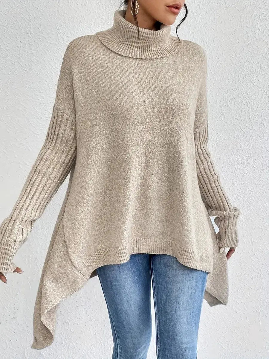 Suéter largo extragrande de punto de canalé para mujer, cuello alto