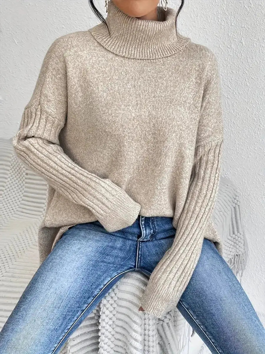 Suéter largo extragrande de punto de canalé para mujer, cuello alto