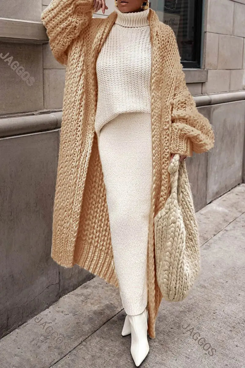 Cárdigan largo extragrande de punto grueso para mujer, abierto por delante