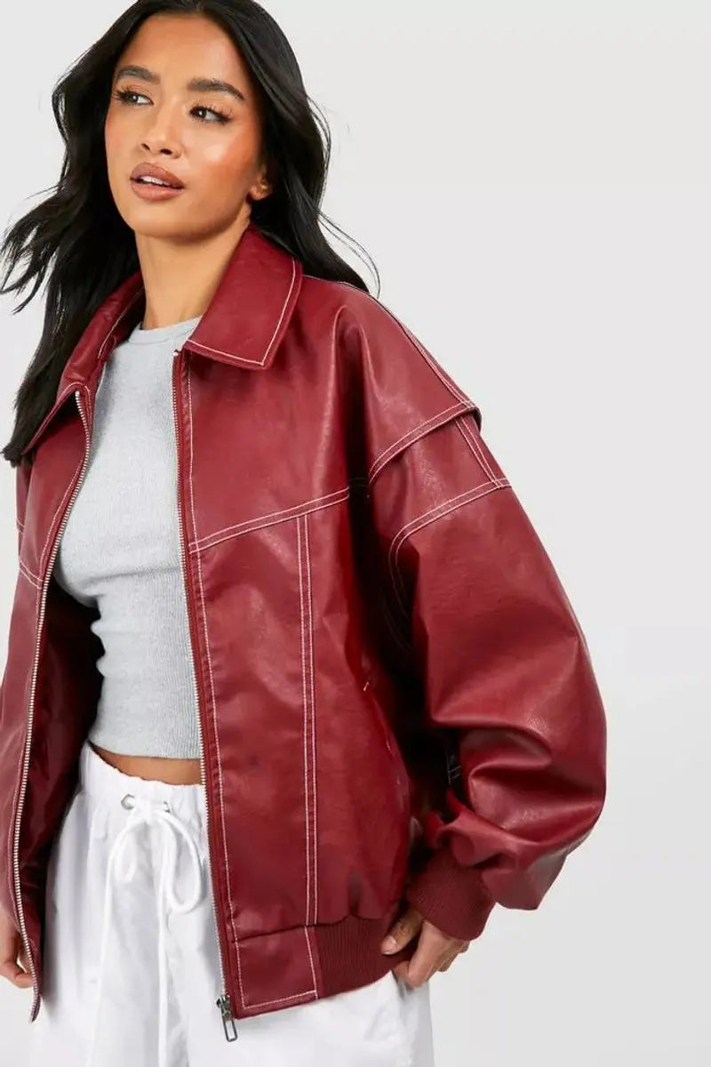 Chaqueta acolchada extragrande para mujer, estilo bomber y costuras en contraste
