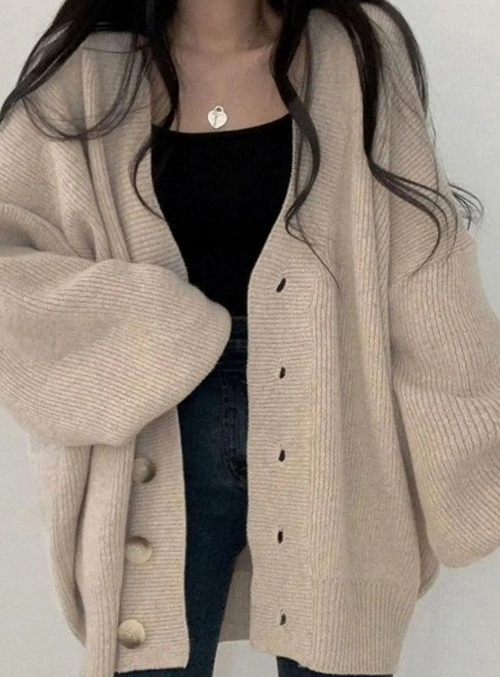 Cárdigan de punto de canalé extragrande para mujer, mangas abullonadas y botones delanteros, suéter de invierno