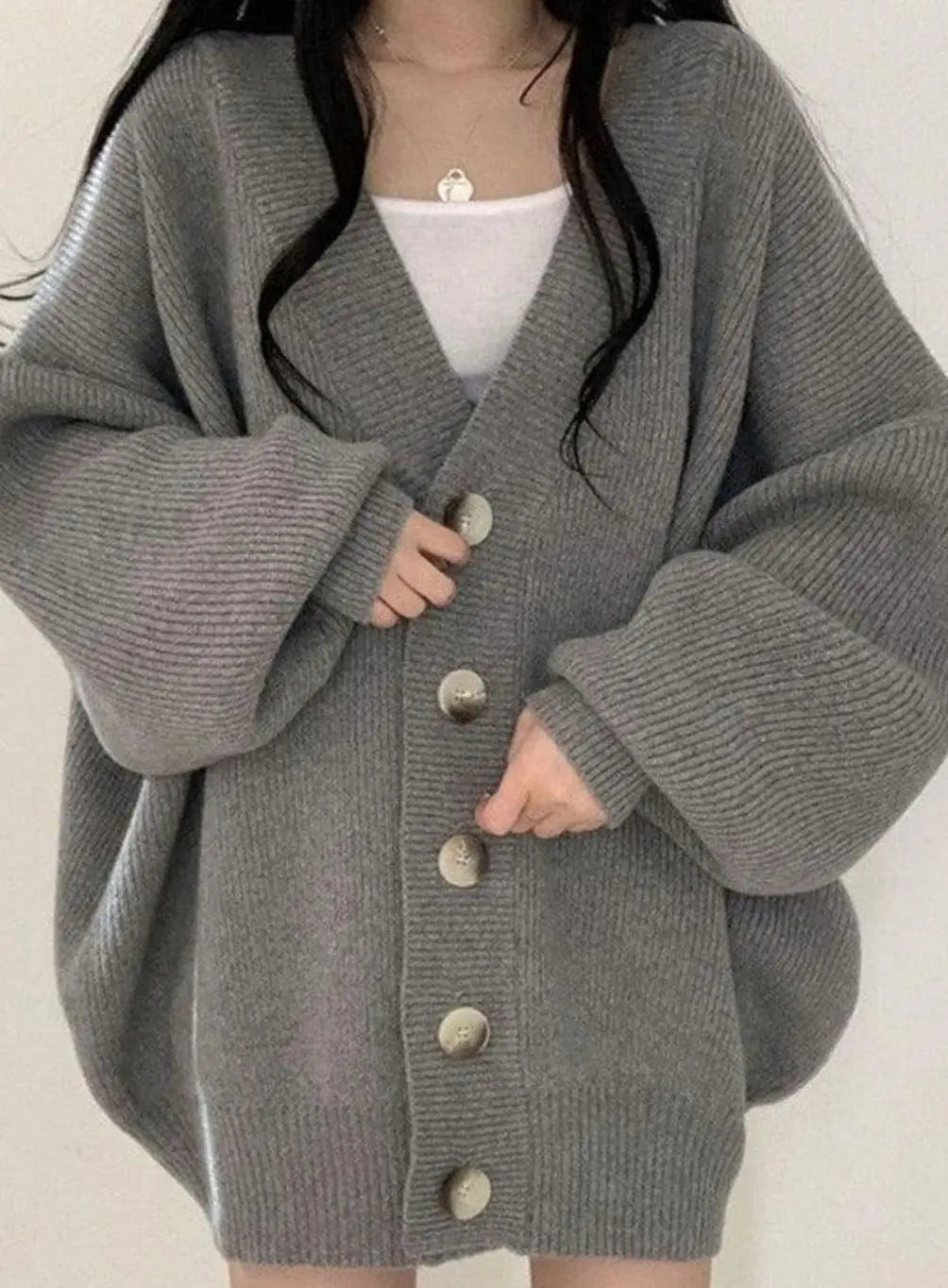 Cárdigan de punto de canalé extragrande para mujer, mangas abullonadas y botones delanteros, suéter de invierno