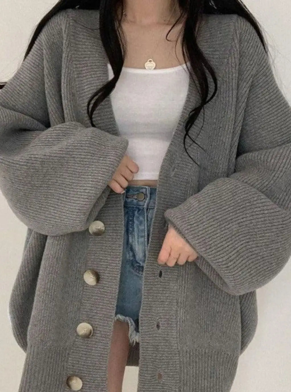 Cárdigan de punto de canalé extragrande para mujer, mangas abullonadas y botones delanteros, suéter de invierno
