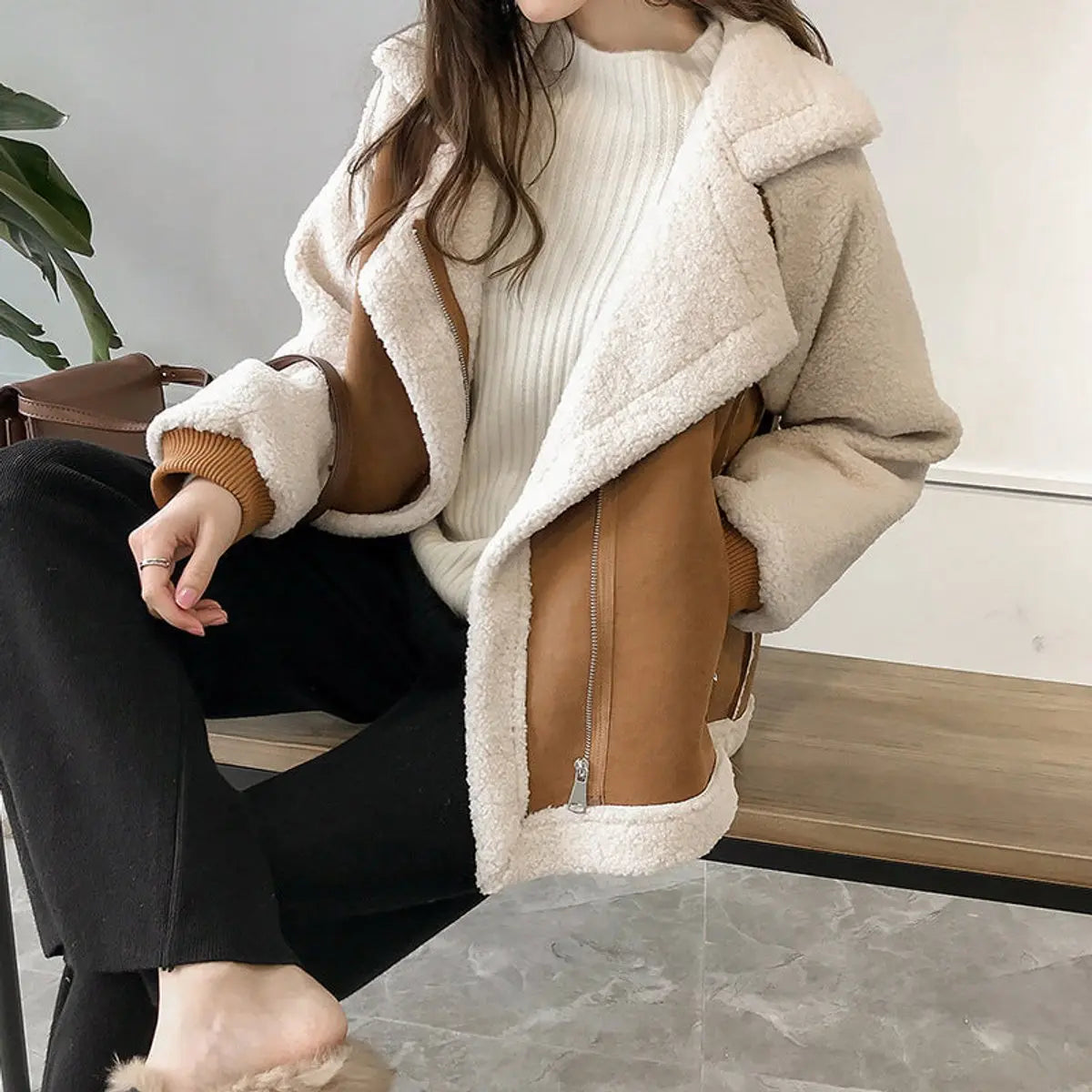 Abrigo de invierno extragrande de forro polar sherpa para mujer, con cremallera
