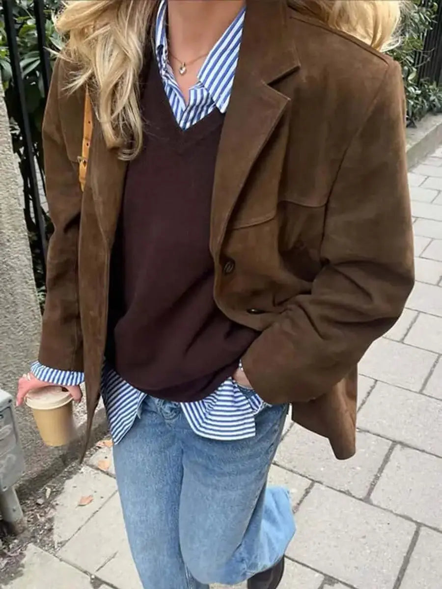 Blazer extragrande de ante para mujer, abrigo largo marrón