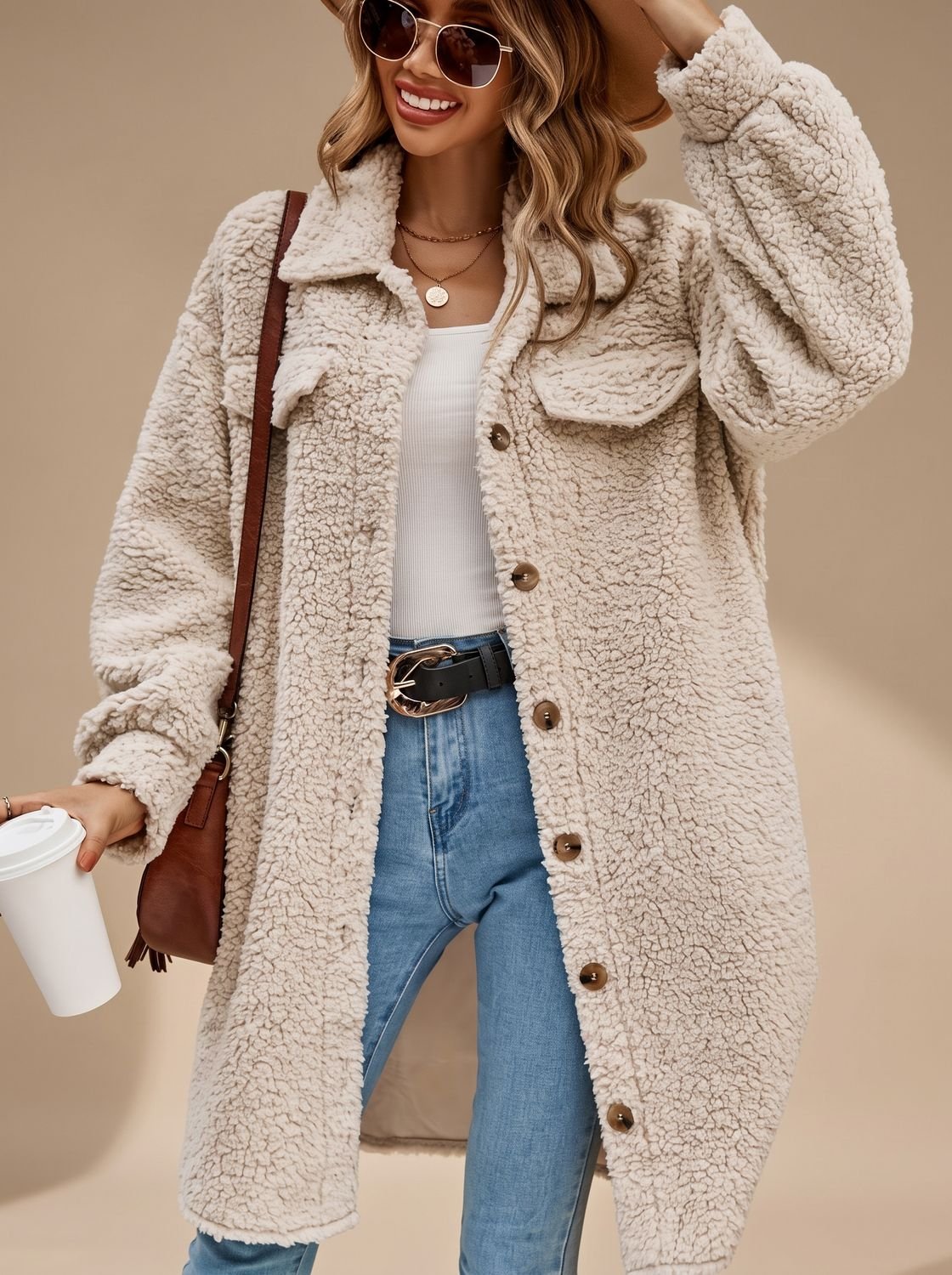 Willow | Abrigo teddy extragrande para mujer, largo, con botones y forro de borreguito