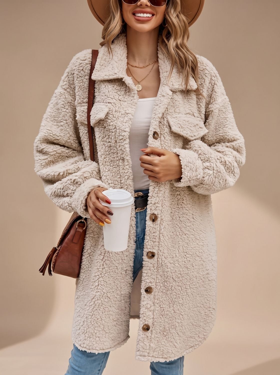 Willow | Abrigo teddy extragrande para mujer, largo, con botones y forro de borreguito