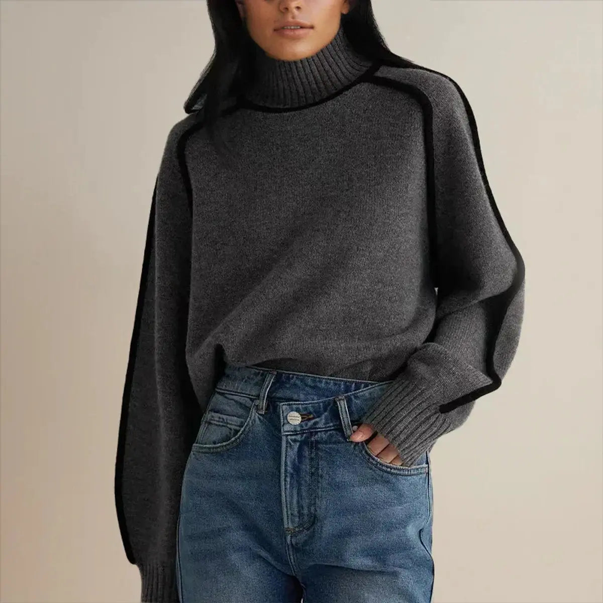 Suéter de punto extragrande para mujer, cuello alto y rayas en contraste