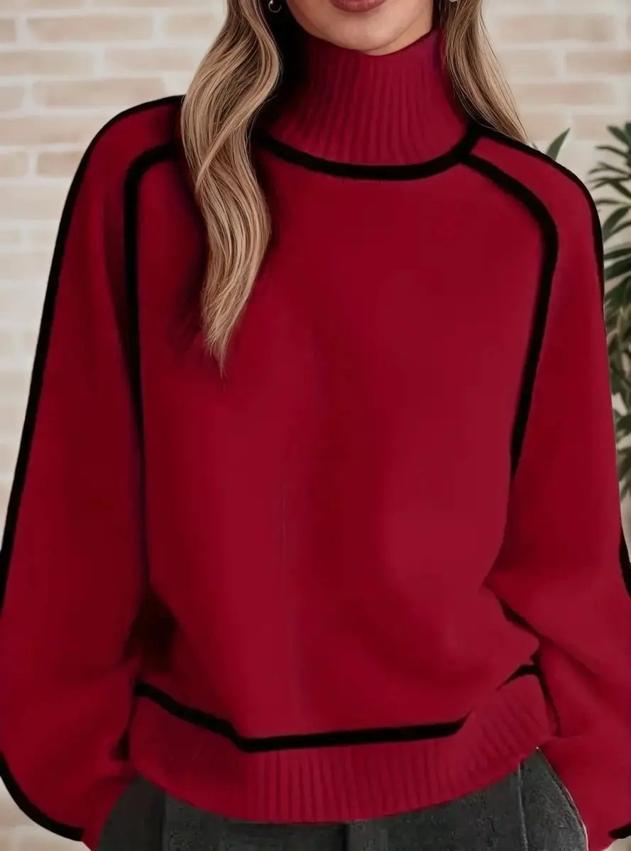 Suéter de punto extragrande para mujer, cuello alto y rayas en contraste