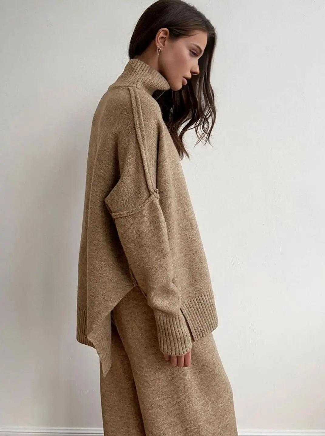 Conjunto de punto extragrande para estar en casa, cuello alto y pantalón de pierna ancha