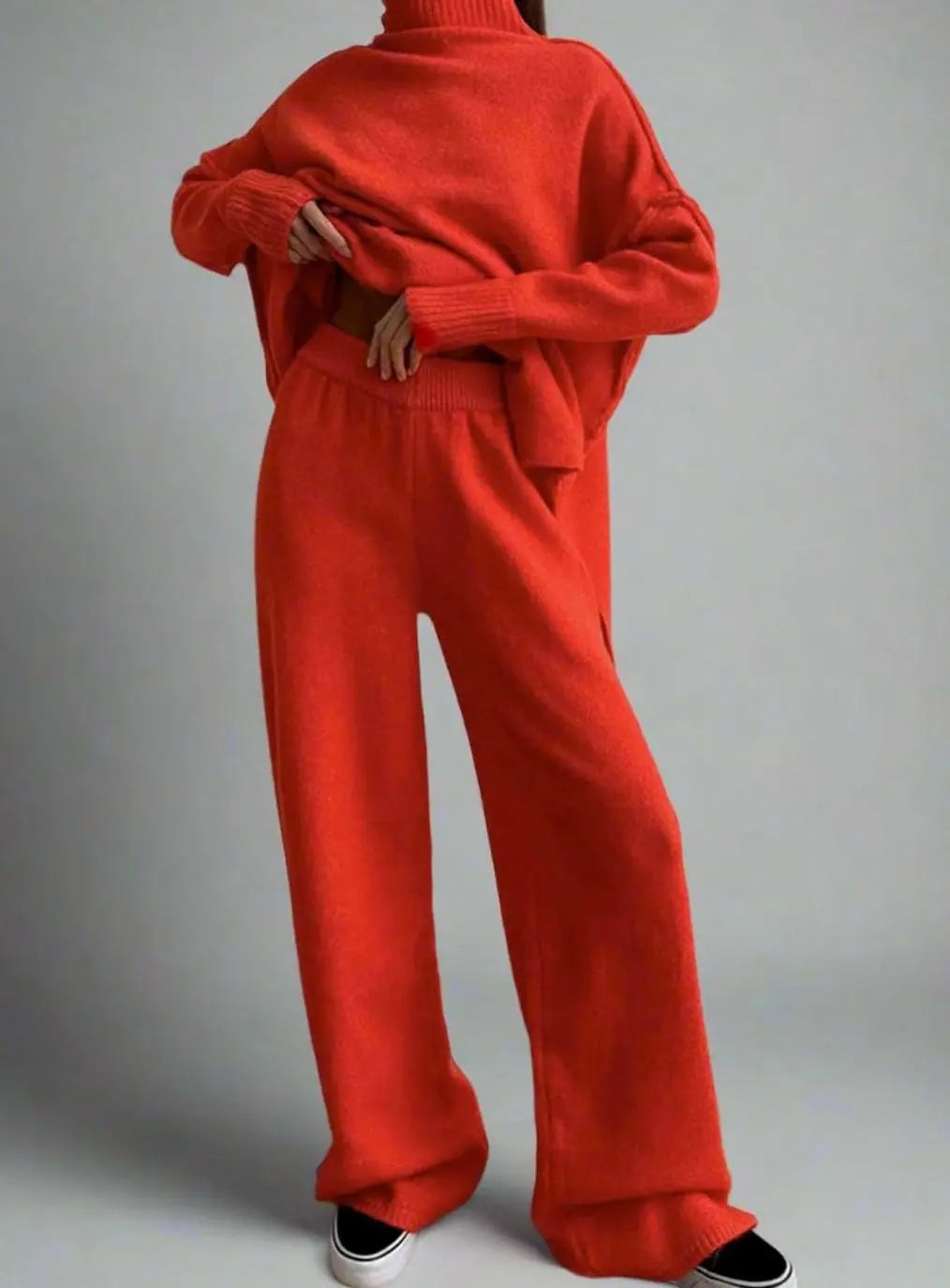 Conjunto de punto extragrande para estar en casa, cuello alto y pantalón de pierna ancha