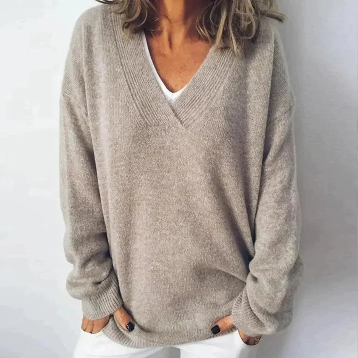 Suéter de punto extragrande para mujer, cuello en V y manga larga