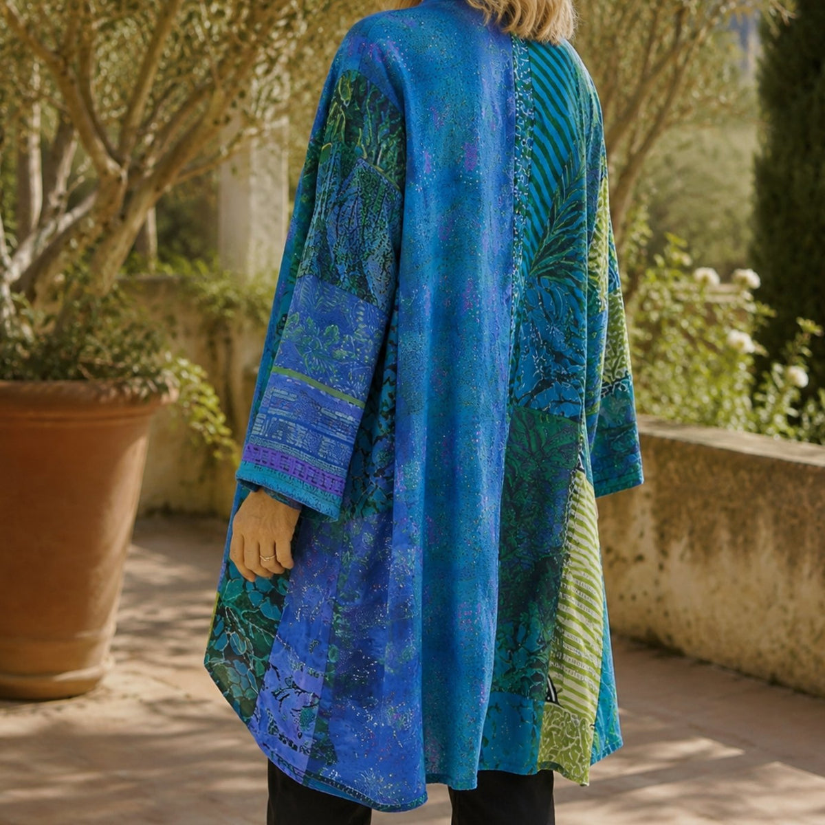Cárdigan largo de patchwork para mujer, abierto por delante y con mangas anchas