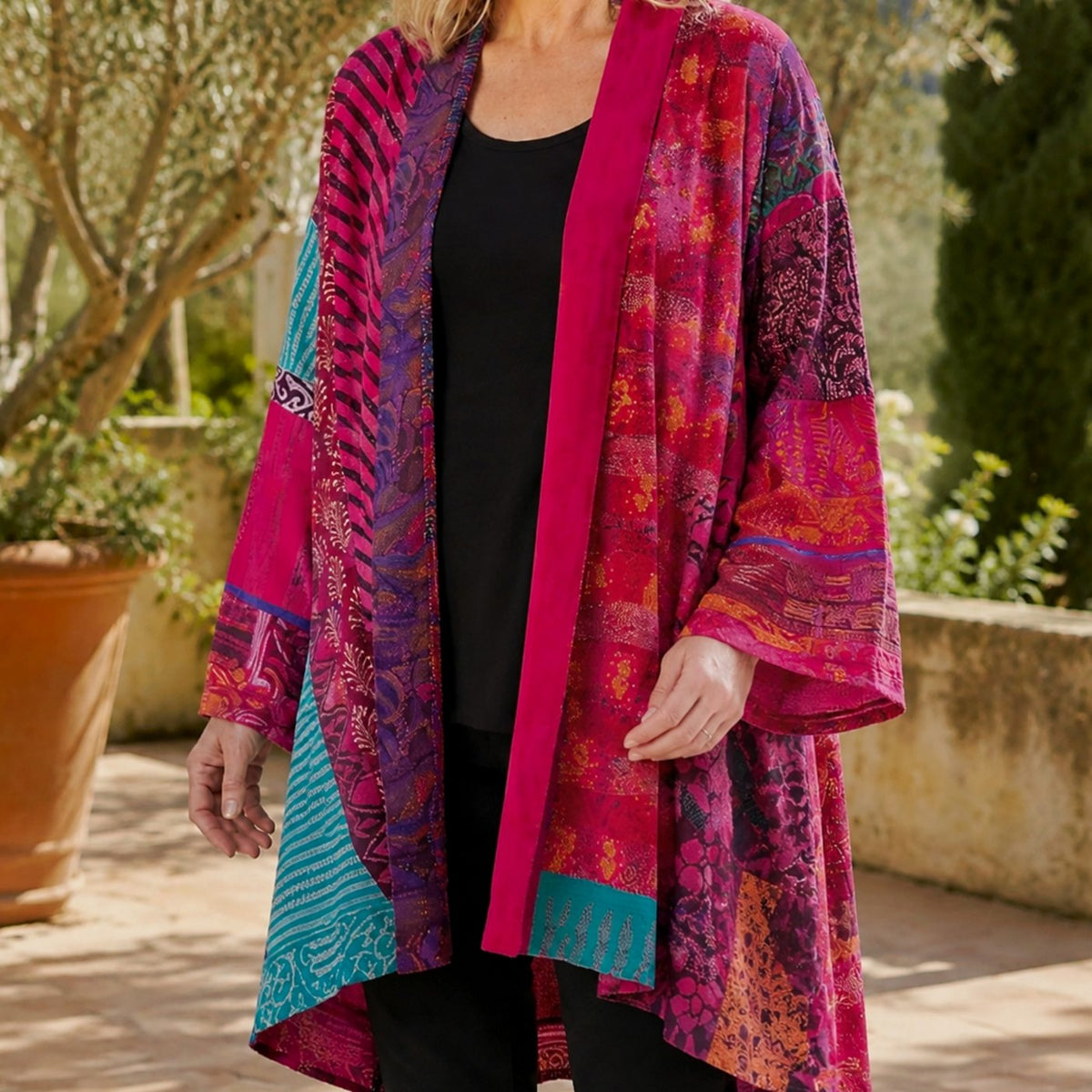 Cárdigan largo de patchwork para mujer, abierto por delante y con mangas anchas