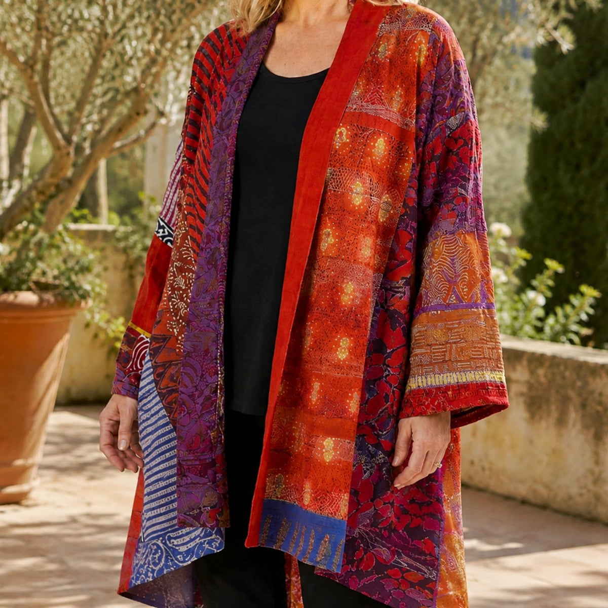 Cárdigan largo de patchwork para mujer, abierto por delante y con mangas anchas