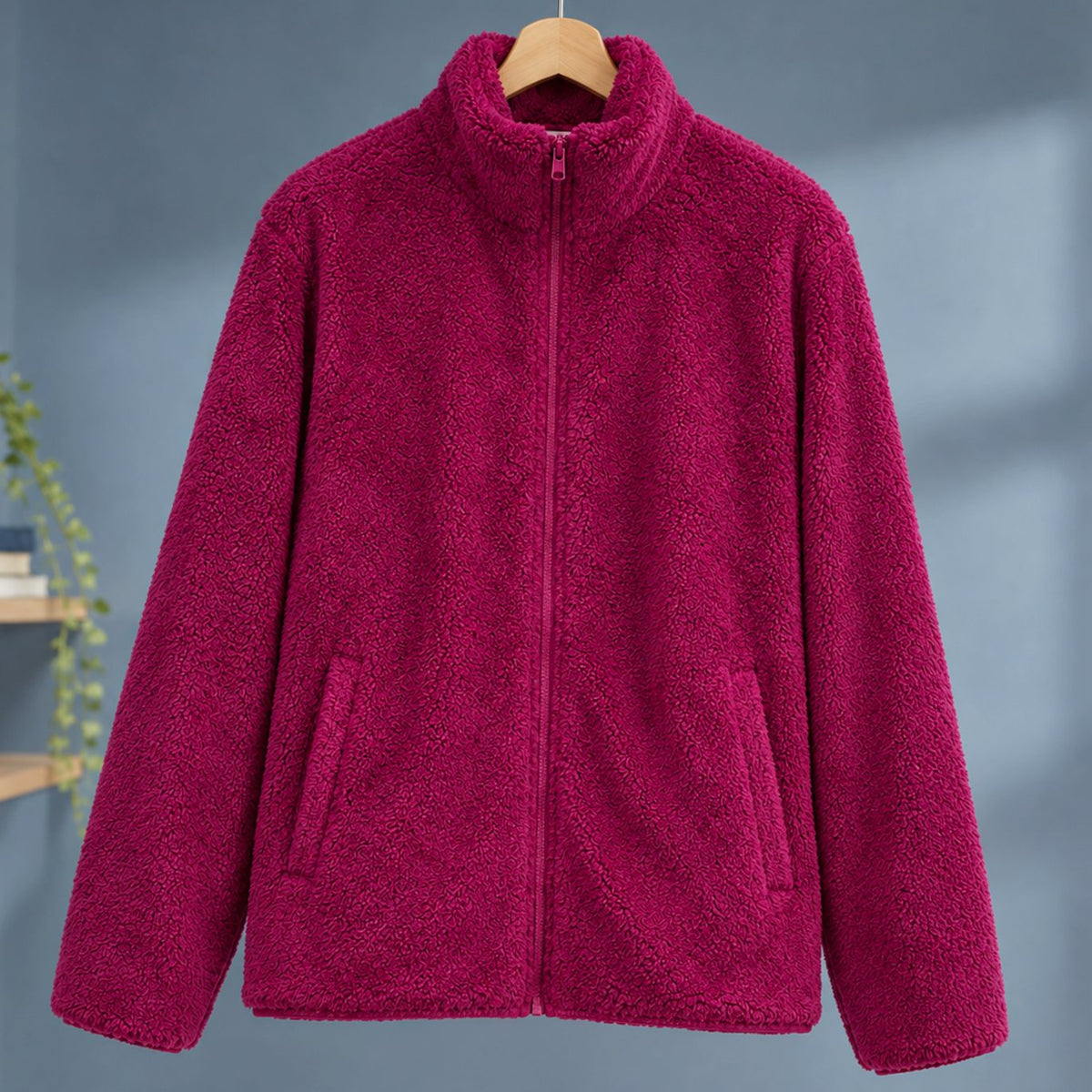 Chaqueta teddy de forro polar afelpado para mujer, cuello alto y cremallera completa