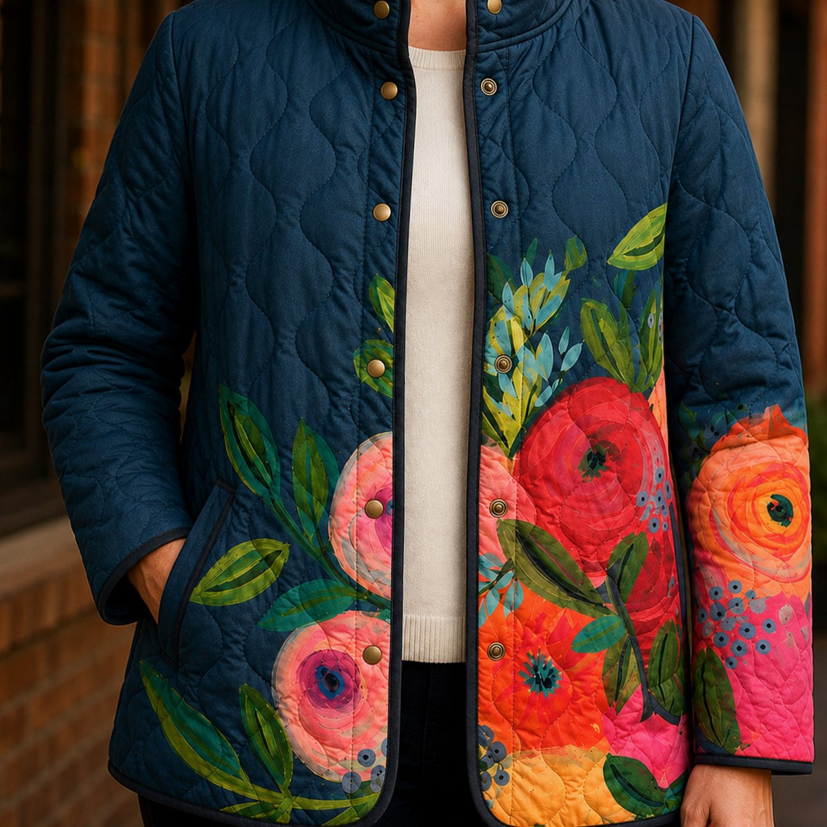 Chaqueta acolchada floral con cierre de broches delanteros para mujer