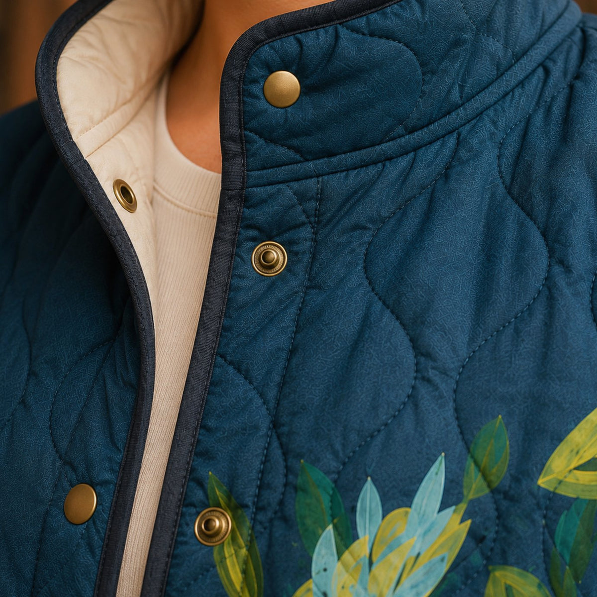 Chaqueta acolchada floral con cierre de broches delanteros para mujer