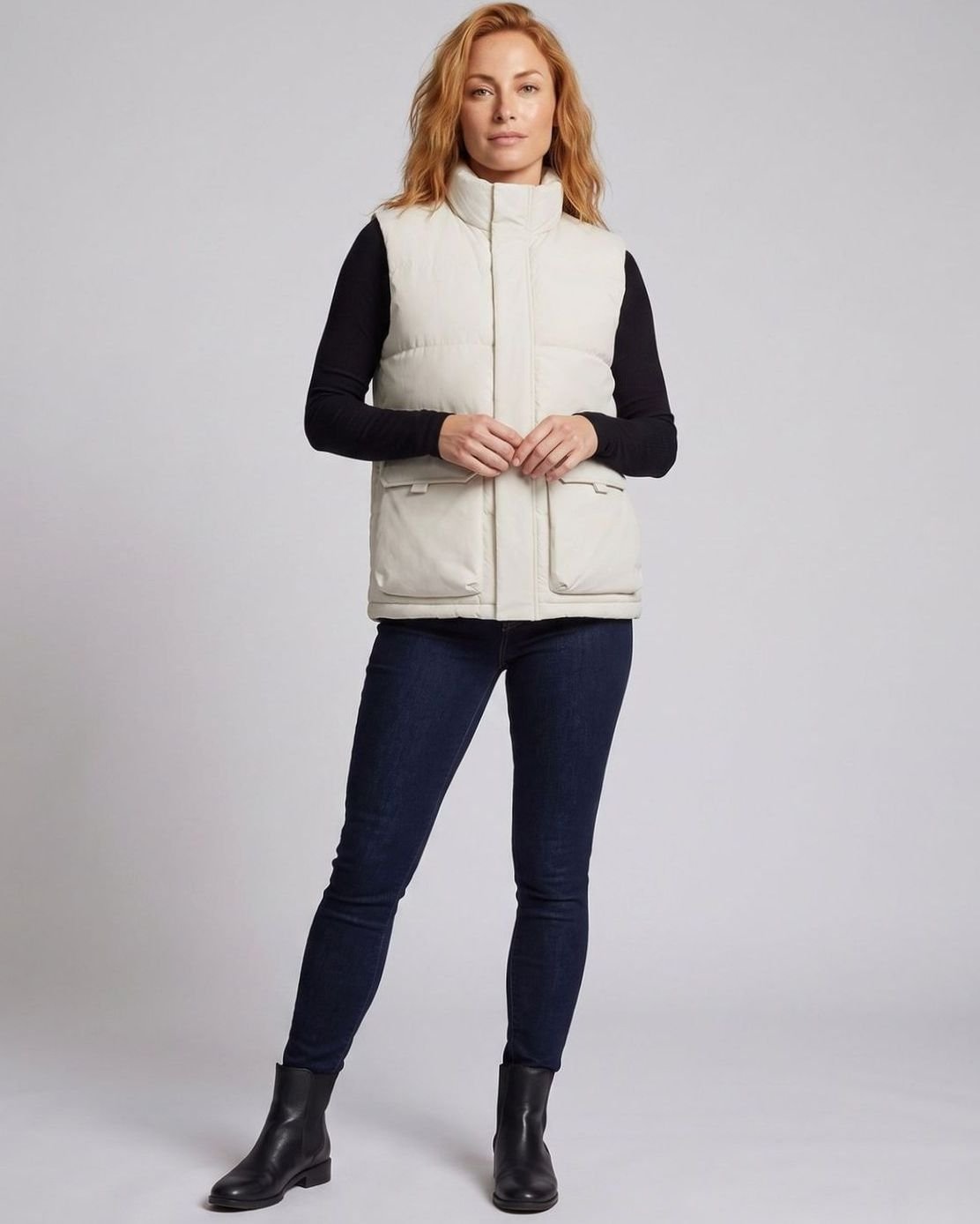 Chaleco acolchado sin mangas con cuello embudo, bolsillos con solapa, color crudo, para mujer