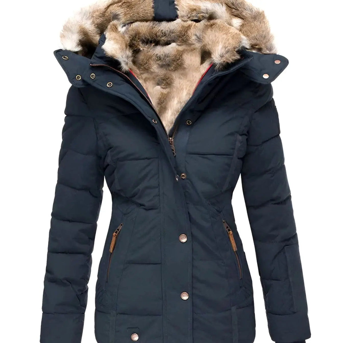 Chaqueta acolchada tipo plumífero con capucha y ribete de piel sintética para mujer
