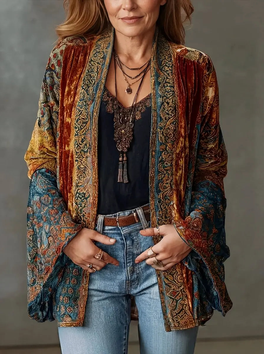 Prenda de abrigo acolchada larga estilo kimono bohemio vintage para mujer
