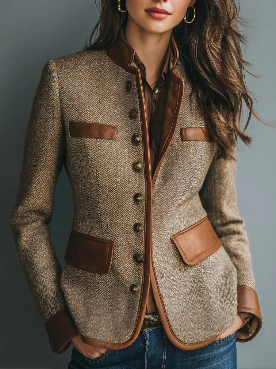 Blazer acolchado de tweed espiga con botones y detalles de cuero para mujer