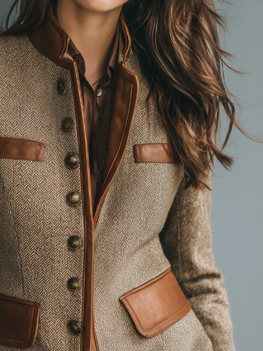 Blazer acolchado de tweed espiga con botones y detalles de cuero para mujer