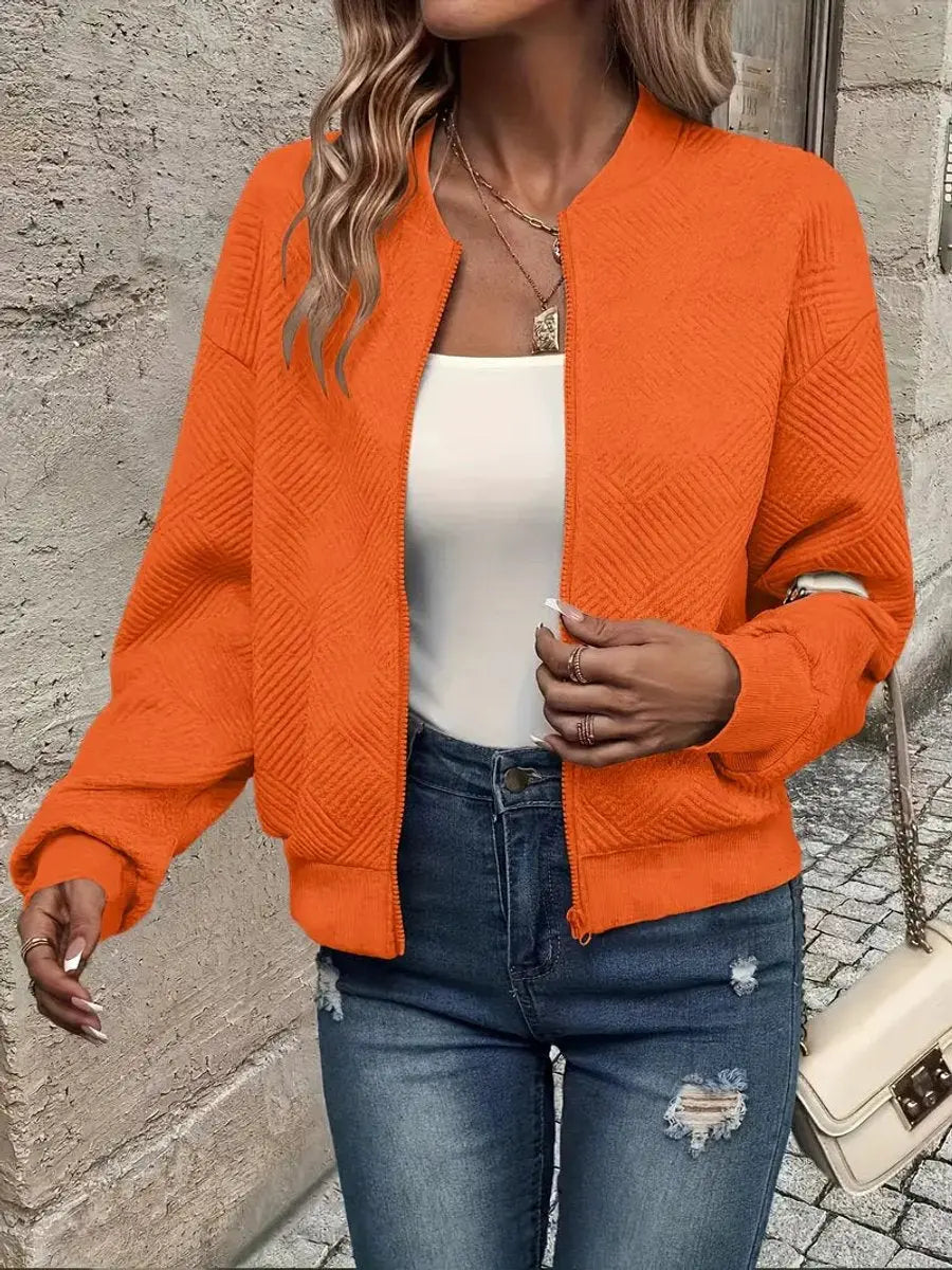 Sudadera corta acolchada tipo bomber, con cremallera y textura, para mujer