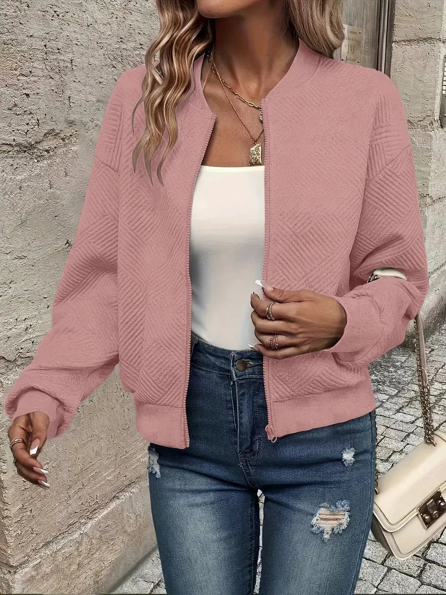 Sudadera corta acolchada tipo bomber, con cremallera y textura, para mujer