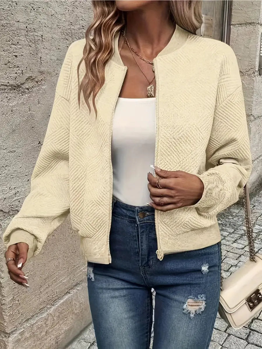 Sudadera corta acolchada tipo bomber, con cremallera y textura, para mujer