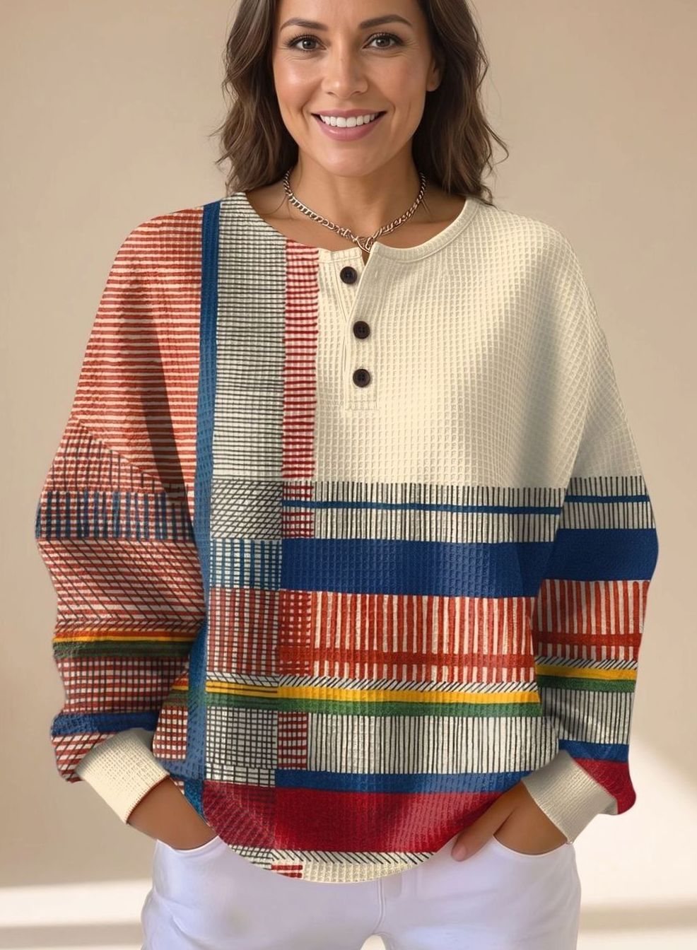 Jersey henley de punto waffle con bloques de color y corte holgado para mujer