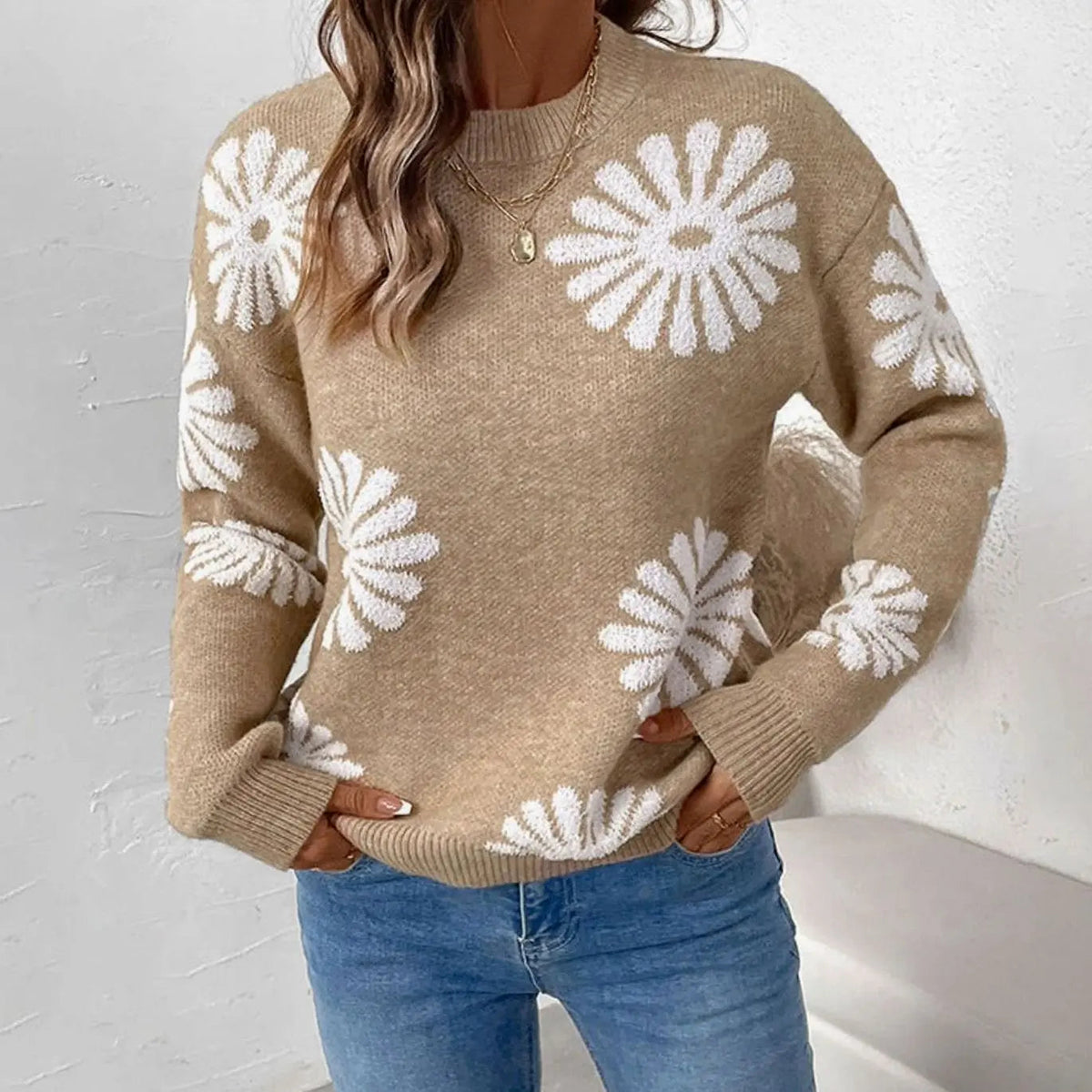 Jersey de punto intarsia floral con cuello redondo y corte holgado para mujer