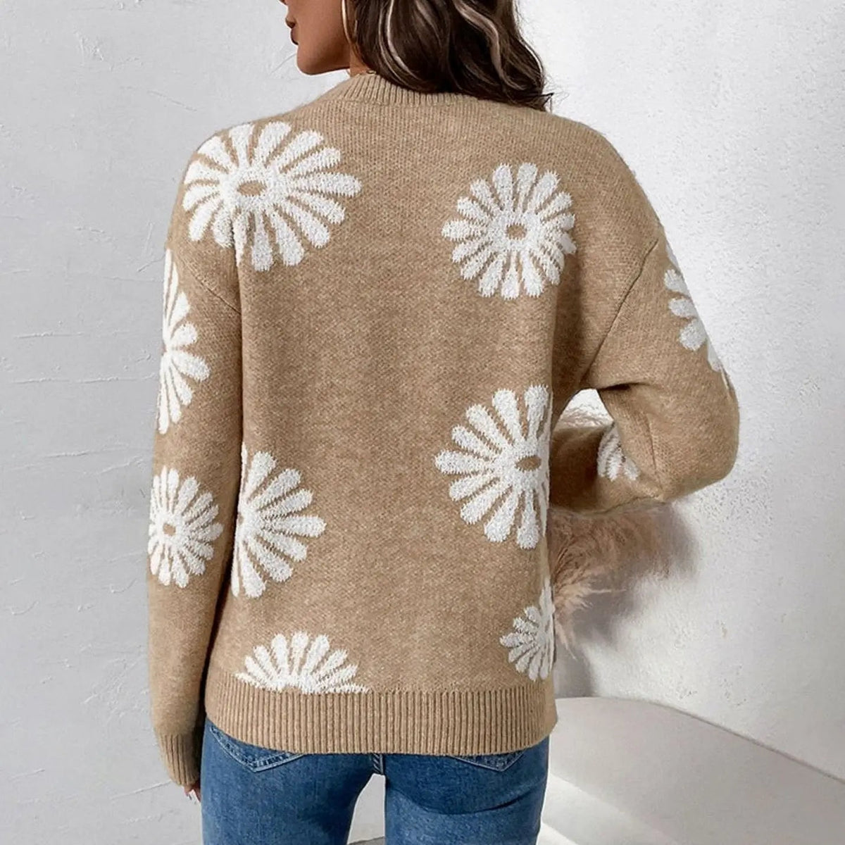 Jersey de punto intarsia floral con cuello redondo y corte holgado para mujer