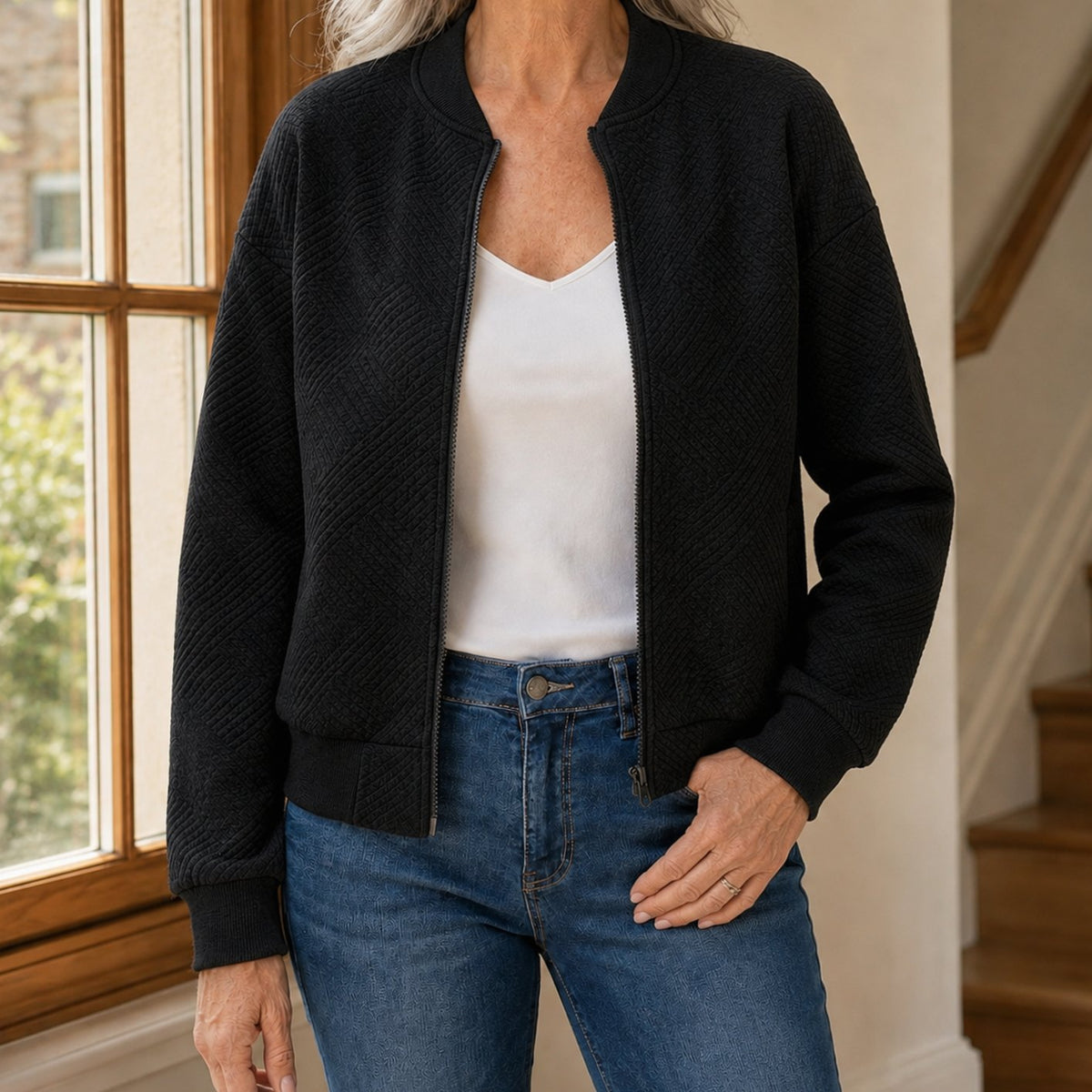 Chaqueta bomber para mujer, de corte holgado, con textura geométrica y cremallera completa