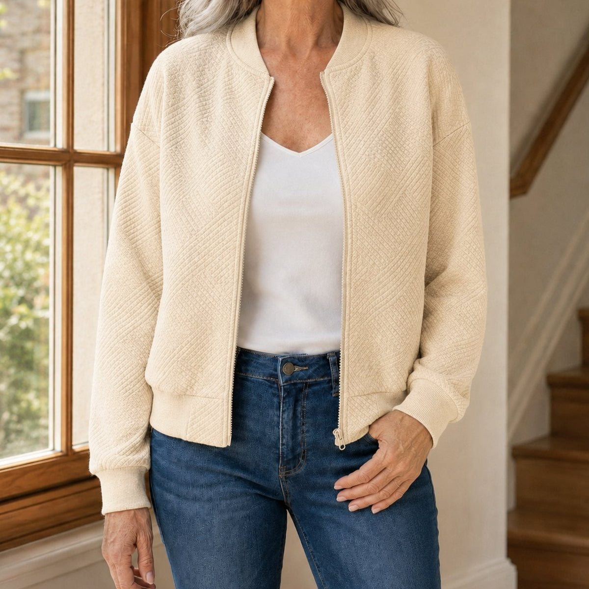 Chaqueta bomber para mujer, de corte holgado, con textura geométrica y cremallera completa